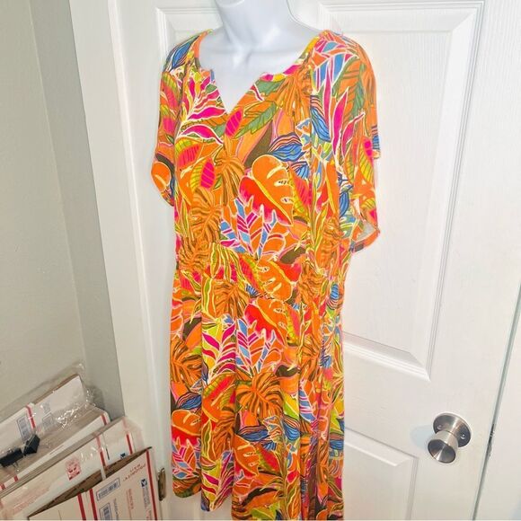C&C California Floral Tropical Jersey Dress Short Sleeve Orange Plus Size 1X NWT - Picture 5 of 11